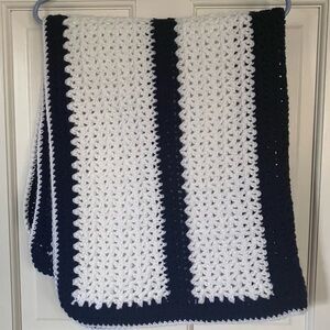 Handmade Crochet Blanket Throw Navy Blue and White Nautical Baby Crib